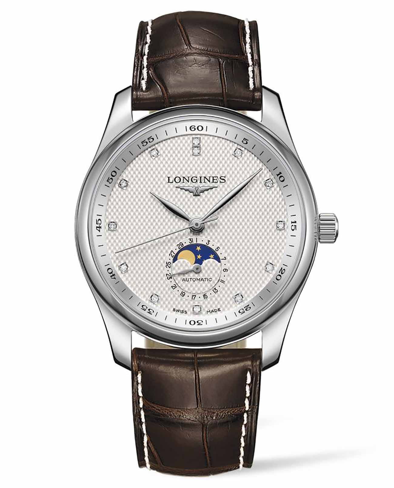 Longines Longines Master Collection L2.909.4.77.3  L29094773 механические мужские часы серебристый циферблат, браслет кожаный — вид спереди